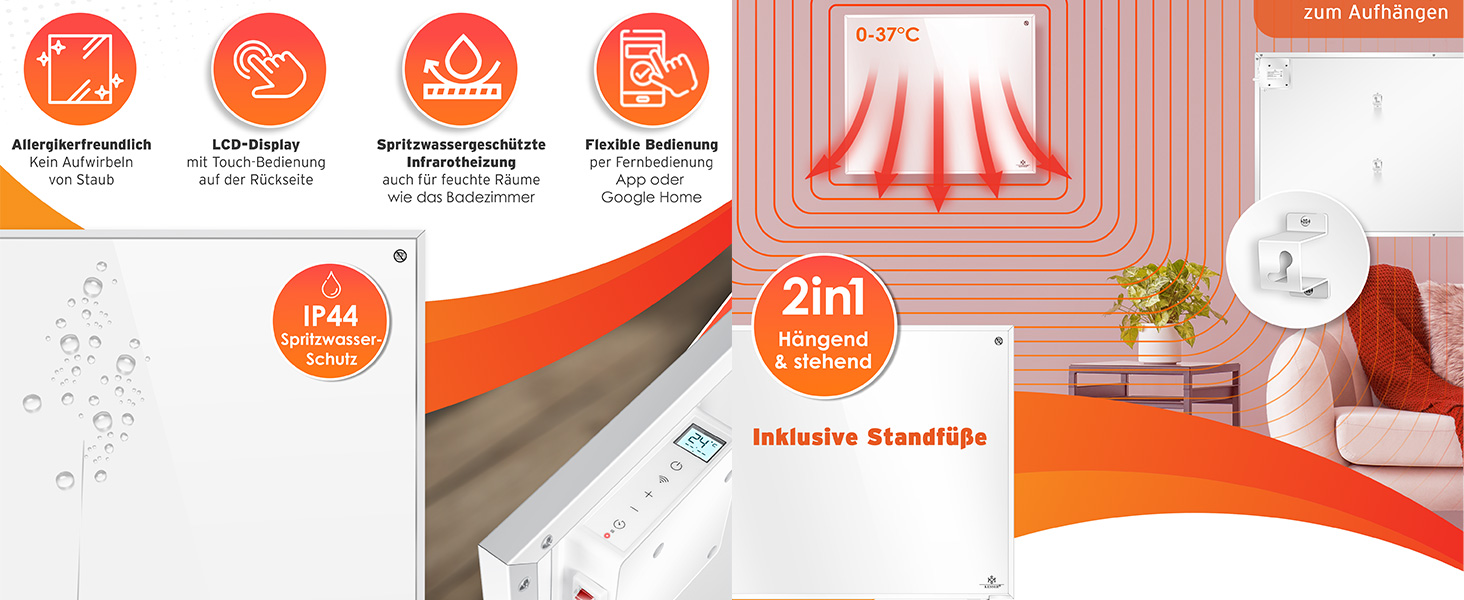 Інфранічний обігрівач KESSER® 350W: енергозберігаючий, з пультом, термостатом та керуванням через додаток. Можливість встановлення на підлогу або на стіну. Білий конвекторний нагрівач.