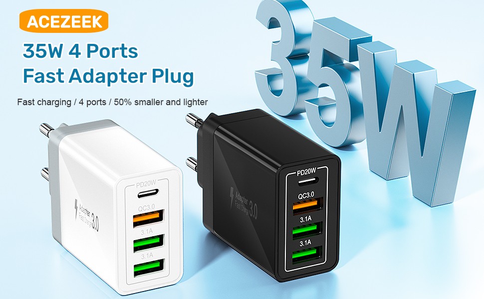 Зарядний пристрій USB-C 40W Acezeek з 2 адаптерами та 2 кабелями Type-C, 4-портовий швидкий зарядний пристрій для iPhone, Galaxy, iPad Pro
