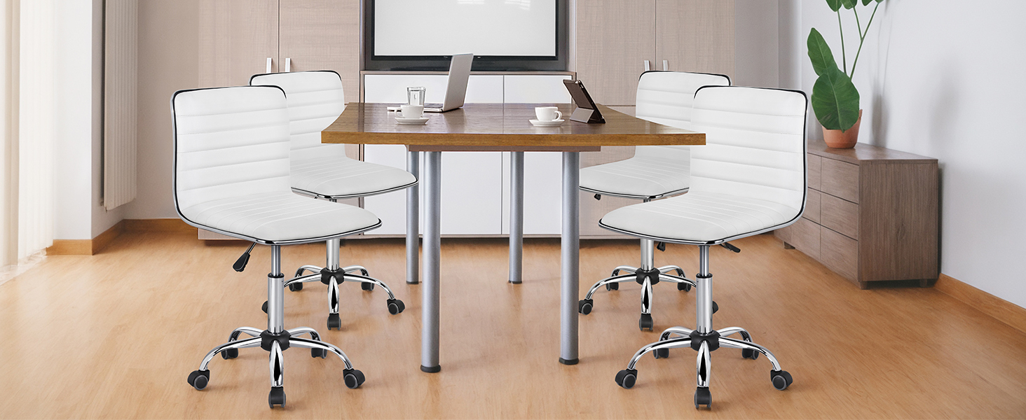 Офісне крісло Yaheetech без підлокітників, регульоване по висоті, на роликах, з штучної шкіри, 360° обертання, біле