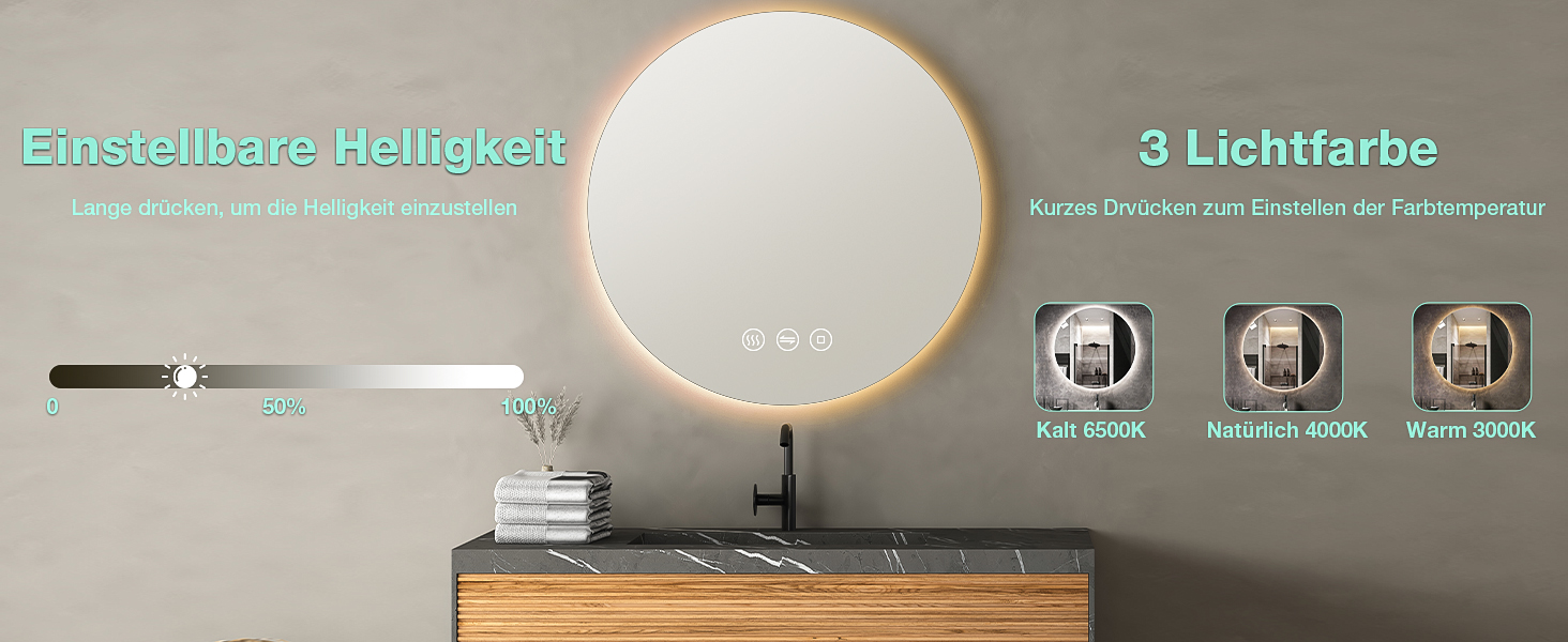 Круглий дзеркало для ванної кімнати з підсвічуванням, 80 см, 3 кольори світла, диммування, антизапар, сенсорне управління, функція пам'яті, LED, енергозбереження