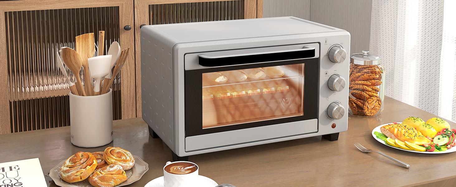 Міні-піч HOMCOM 21 л, 1400 Вт, 100-230°C, таймер, дека для крихт, дека для випічки, решітка-гриль, скло, для піци, кремово-білий (сріблястий)