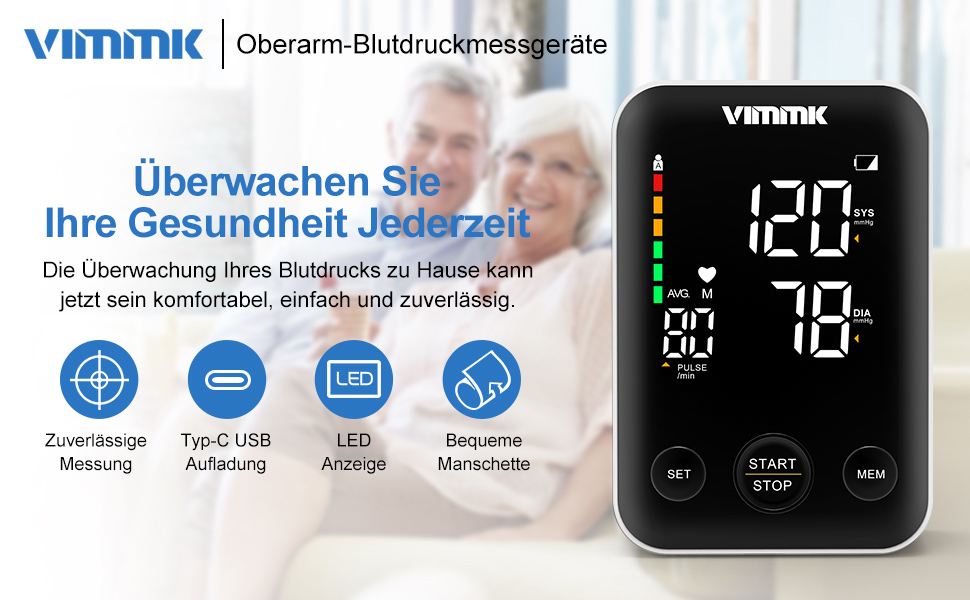 Тонометр Vimmk на плече, цифровий, для вимірювання артеріального тиску, LED-дисплей, виявлення аритмії та вимірювання пульсу, пам'ять на 2x120 показників, манжета 22-40 см, чорний