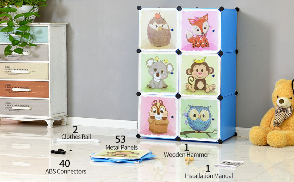 Дитяча шафа-стелаж Brian & Dany з дверцятами, полицями та гачками, блакитна (110x47x147 см)