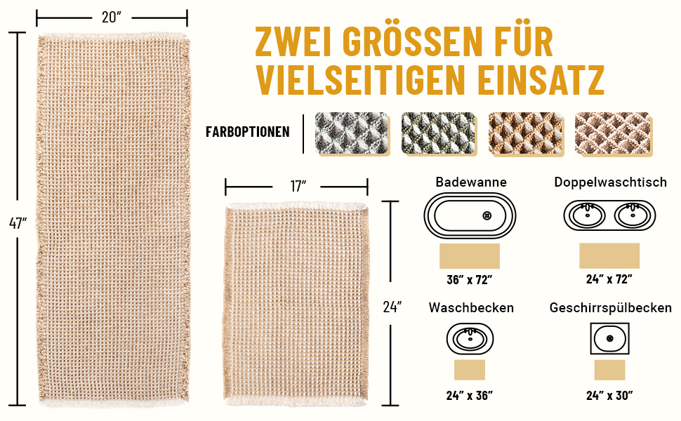 Boho Bathroom Rug Set - Non-Slip Bath Mats (2-Piece) - Washable Shower Rugs for Bathroom, Bedroom, Living Room - 51x120cm + 41x61cm (Brown & White)