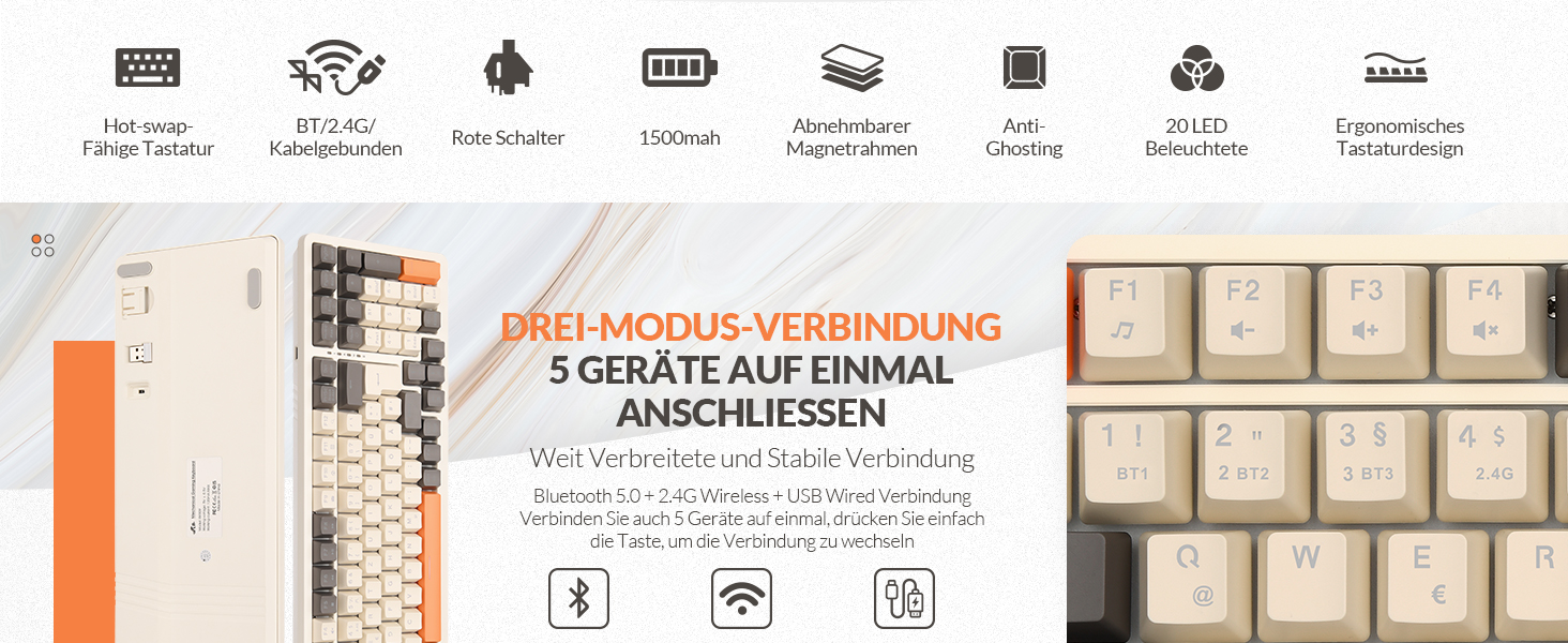 Механічна клавіатура Rii бездротова, для геймінгу, Bluetooth, Tri-Mode, 75%, QWERTZ, 20 режимів підсвічування, BT5.0 + 2.4GHz + кабель, Red Switch