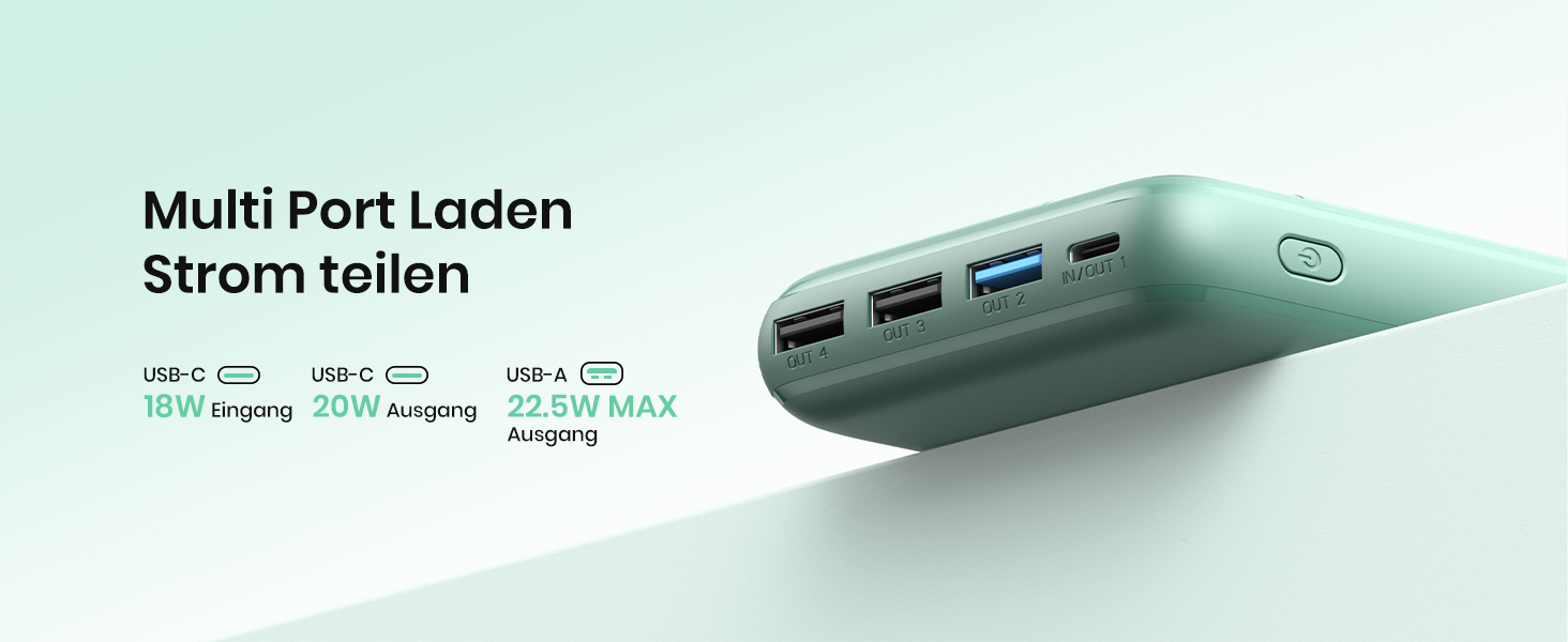 Power Bank A ADDTOP 20000mAh 22.5W: Зовнішній акумулятор для телефону з USB-C, портативний зарядний пристрій 4-в-1, зелений