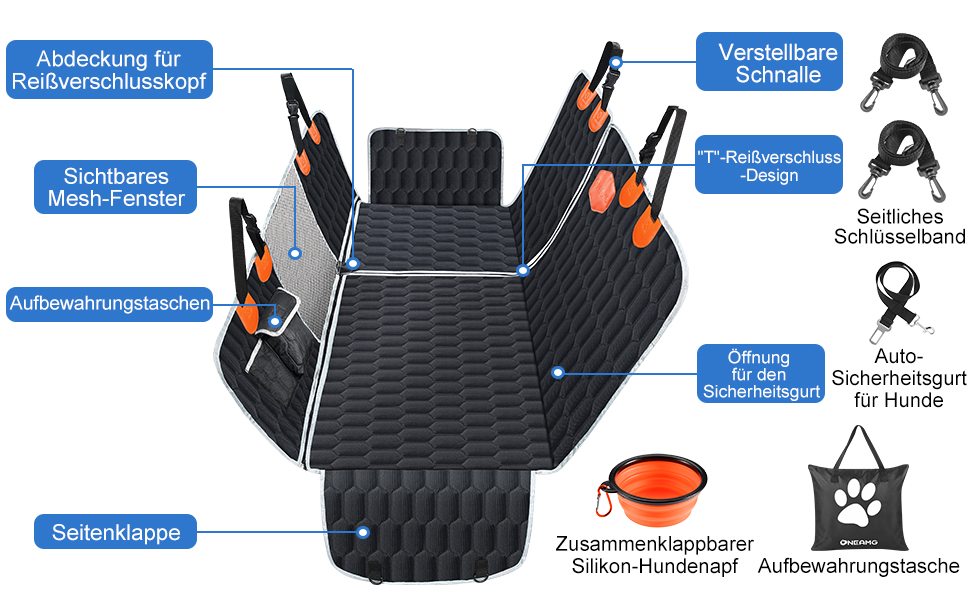 Автомобільна підстилка для собак OneAmg - захист заднього сидіння, з вікном, боковими бар'єрами, кріпленням для безпеки, чорна або сіра, 130 x 139 см
