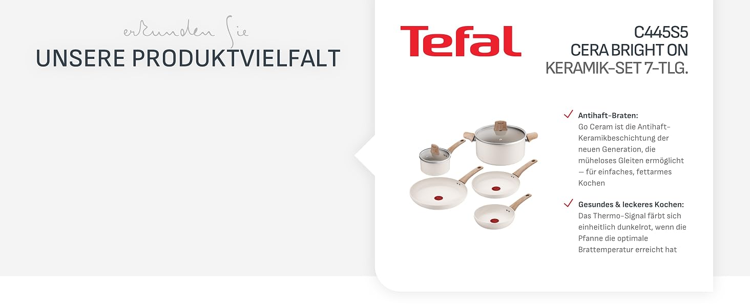 Набір посуду Tefal CERA BRIGHT ON 7 предметів: сковорідки 20/24/28 см, каструля 16 см, каструля 24 см + кришки. Керамічне антипригарне покриття, алюмінієвий корпус, індикатор нагріву Thermo-Signal, для всіх типів плит, бежевий (блакитний)