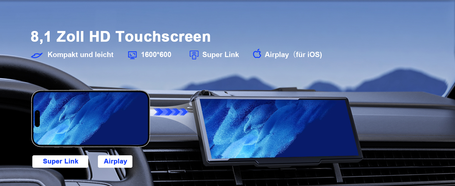 Бездротовий 8,1'' CarPlay дисплей Avylet з IPS-екраном, IP67 камерою заднього виду, GPS-навігацією, Bluetooth 5.0, Mirror Link, FM/AUX, для Android Auto та Apple CarPlay