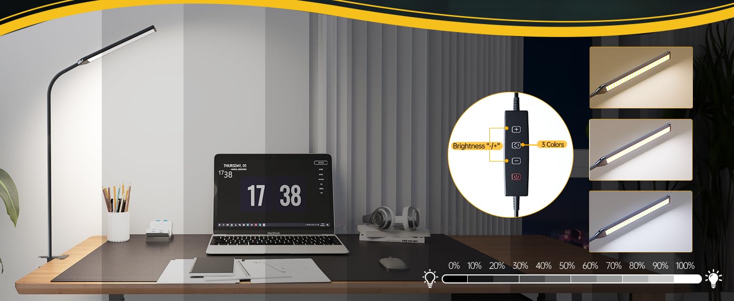 Стійка лампа Aisutha для столу з LED, 3 кольори, 10 рівнів яскравості, регульована, захист очей, для офісу, кабінету та майстерні (чорний)
