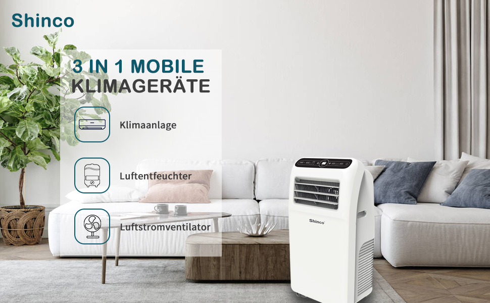 Мобільний кондиціонер SHINCO 12000 BTU (3,5 кВт) з виносним шлангом, охолодження, вентиляція, осушення, для приміщень до 90 м³, білий