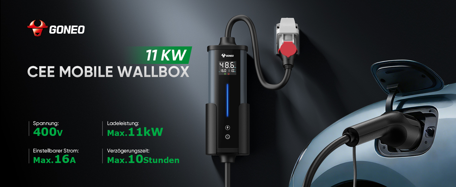 Зарядний пристрій для електромобіля GONEO Wallbox 11 кВт, кабель CEE 16A - Type 2, 6м, захист від перегріву та перевантаження, IP66