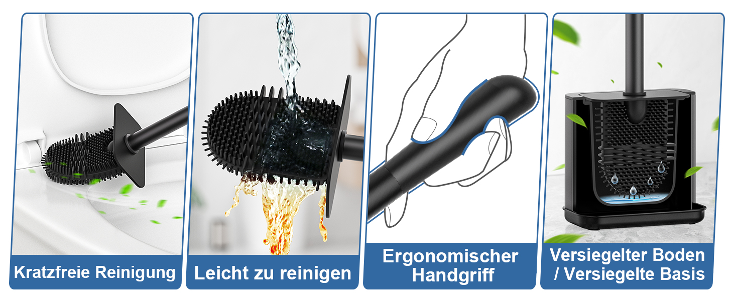 Набір для чищення унітазу FUNPALA з нержавіючої сталі та силікону, 2 насадки, тримач, чорний