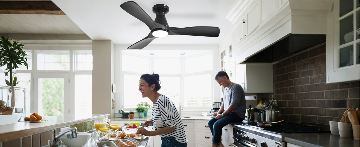 Стелянка вентилятор Depuley 42 дюйми з підсвічуванням: чорний, 3 лопаті, врізний монтаж для спальні. Диммування, керування через додаток, тихий DC-двигун, таймер, чорний колір.