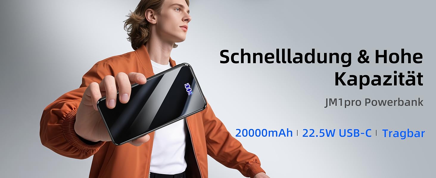 Повербанк 20000mAh з швидкою зарядкою 22.5W, USB-C, LED-дисплеєм та ліхтариком, чорний — для iPhone 17/16/15/14, Samsung Galaxy S25 та інших смартфонів