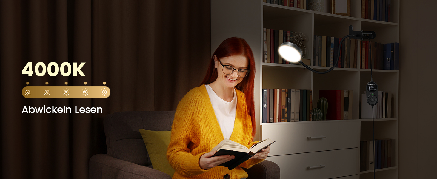 Світлодіодна приліжкова лампа Glocusent з кліпсою, 72 LED, 3 кольори, 5 рівнів яскравості, нічник, таймер, захист очей для читання, роботи (чорна з адаптером)