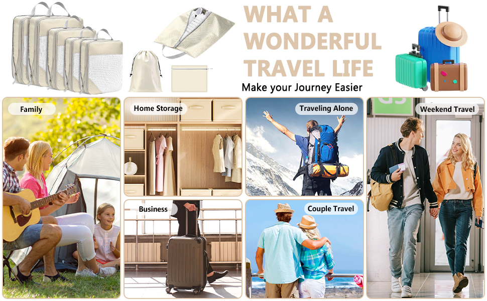 Набір органайзерів для валізи POWZOO (8 шт.) - компресійні кубики для одягу та взуття, бежевий