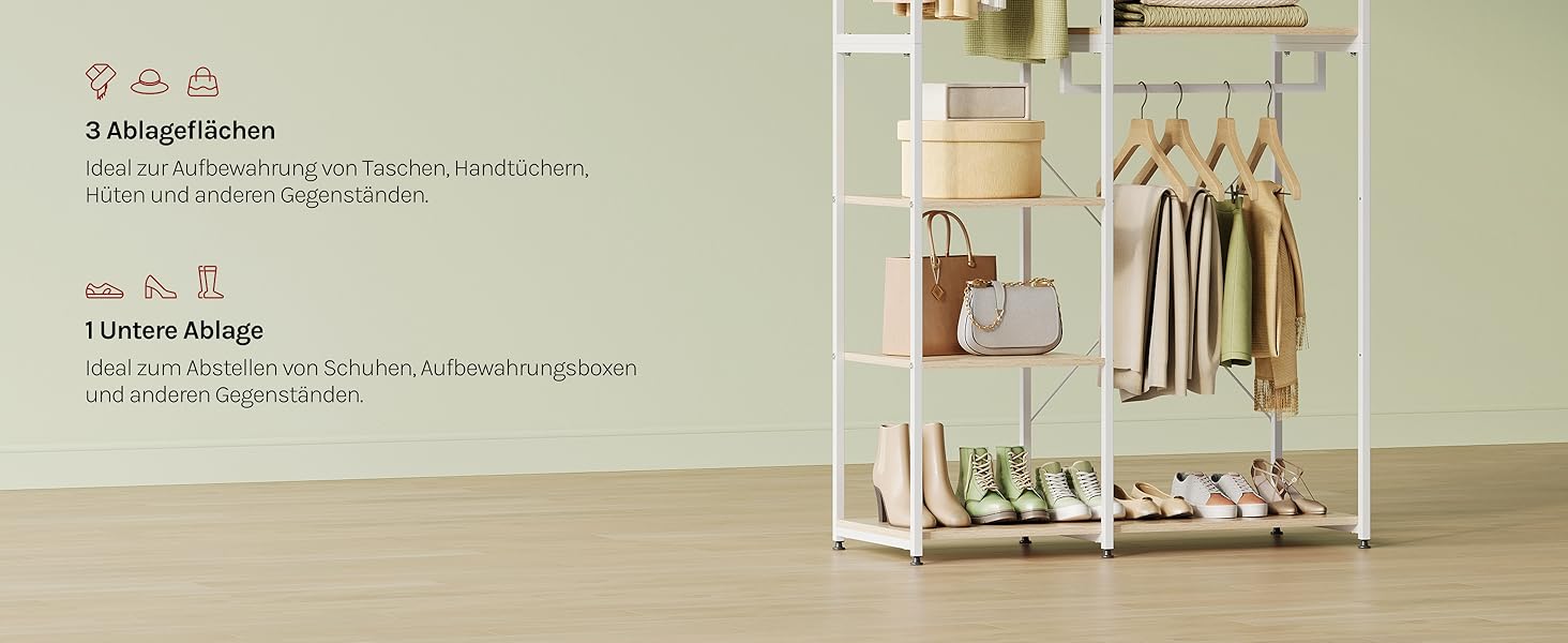 Вільна вішалка для одягу WOLTU з полицею, для спальні/коридору, стабільна, з дерева та металу, білий + світлий дуб