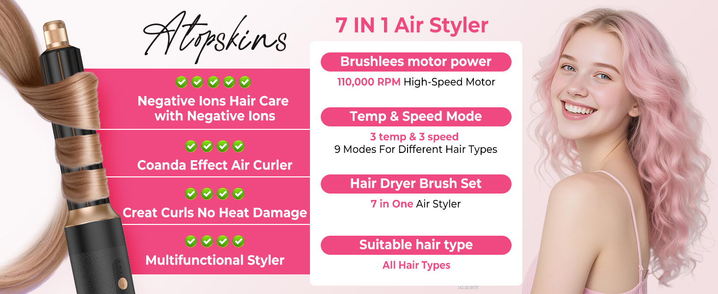 Atopskins 7-в-1 Airstyler: професійний набір для укладки волосся, 110000 об/хв, 1400 Вт. Фен-щітка, локон, випрямляч, іонізація. Для об'єму, сушіння та укладки. Чорний та золотий колір.