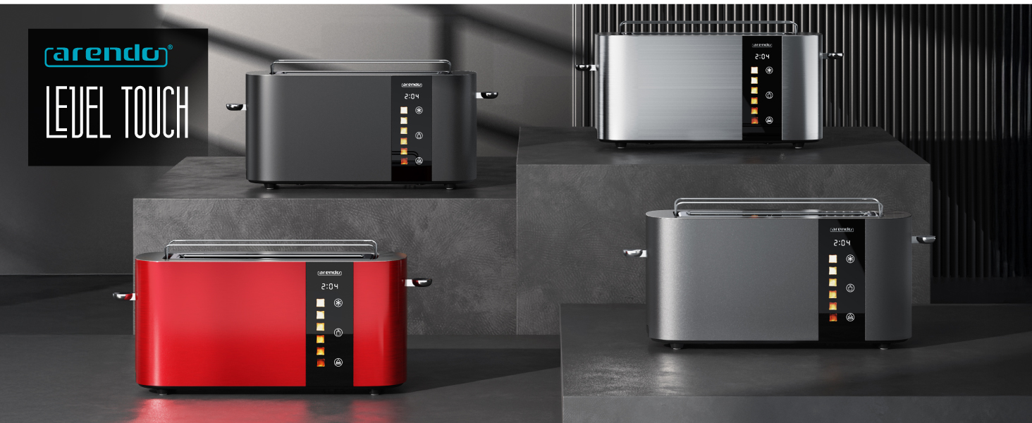 Тостер Arendo з нержавіючої сталі, 2 відділення, довгий проріз, сенсорний дисплей, подвійні стінки, підставка для булочок, 6 рівнів підсмажування, центрування хліба, індикатор часу, функція пам'яті, чорний колір A: Нічний чорний