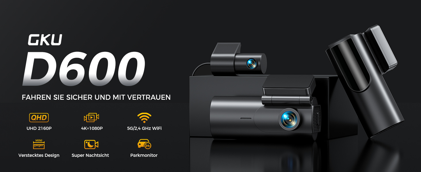 Відеореєстратор GKU Dashcam Auto: 4K+1080P, WiFi 2.4/5GHz, SD 64GB, Паркувальний режим, Нічне бачення, WDR, 170° Кут огляду, G-сенсор, Циклічна запис, Керування через APP, Чорний