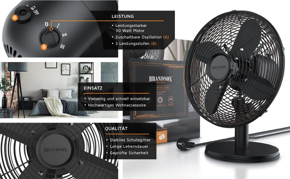 Настільний вентилятор Brandson з мідним дизайном: 3 швидкості, осциляція 80°, кут нахилу 40°, міцний металевий корпус (чорний матовий)