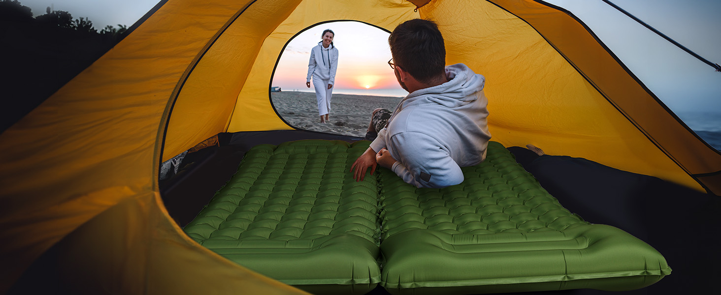 Glymnis Isomatte Camping Air Mattress - 9cm Thick with Foot Pump & Pillow - Ultralight Outdoor Sleeping Pad for Camping, Hiking & Travel - Army Green