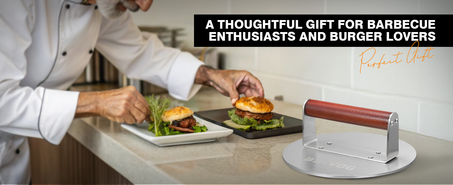Пресс для бургера з нержавіючої сталі з дерев'яною ручкою, 15.24 см - Burger Smasher для м'яса, котлет, стейка, бекону, подарунковий набір