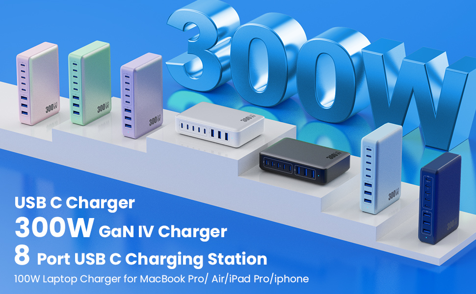 Зарядний пристрій USB C 300W, 8 портів, швидка зарядка 100W PD PPS для ноутбука, MacBook, iPad, iPhone 16/15/14, Samsung – Чорний