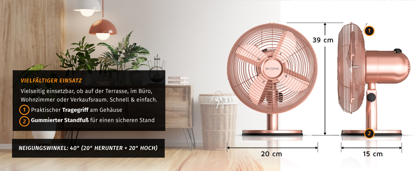 Настільний вентилятор Brandson з мідним дизайном: 3 швидкості, осциляція 80°, нахил 40°, металевий корпус (E: Рожевий)