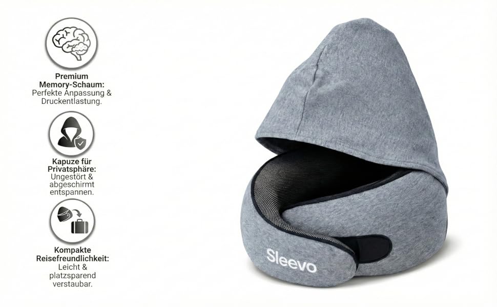 Подушка для шиї в літак з капюшоном та Memory Foam – Подушка-білка, для сну та подорожей – Ергономічна подушка для подорожей, захист від світла та пральна, з сумкою – Чорний (M) Чорний M
