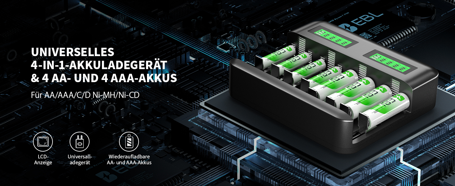 Зарядний пристрій EBL для акумуляторів AA/AAA Ni-MH з USB-C, 2800mAh (4xAA) + 1100mAh (4xAAA), LCD дисплей
