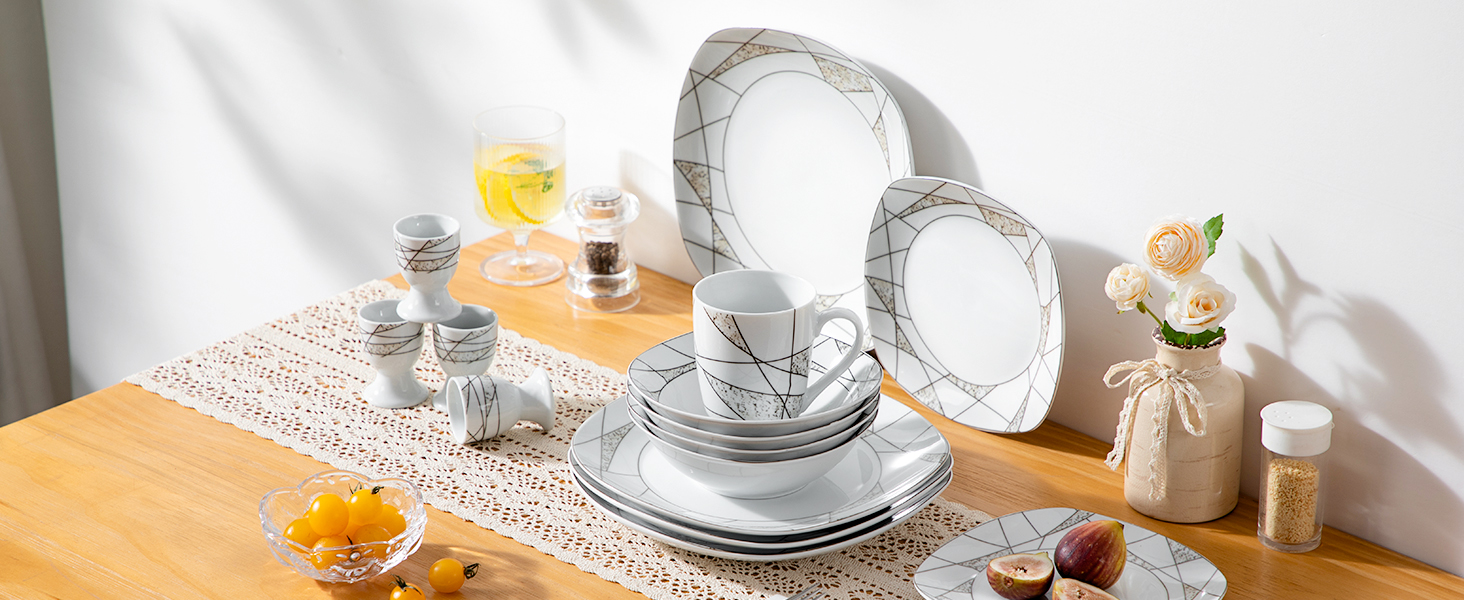 Набір посуду VEWEET 'Serena' з порцеляни, 24 елементи | 6 тарілок для сніданку, десерту, обіду та супу | Сервіз для 6 осіб, ресторану, сім'ї (білий)