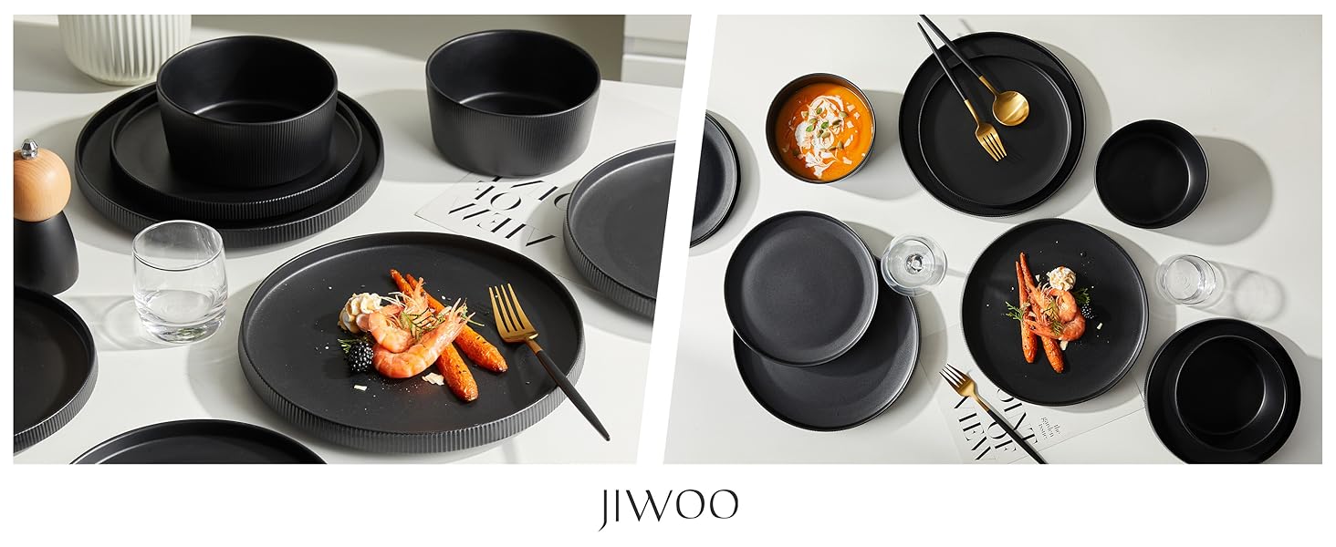 Набір посуду Jiwoo на 4 особи (12 предметів): тарілки, миски, десертні тарілки, Bone China, чорний матовий, для мікрохвильовки та посудомийної машини