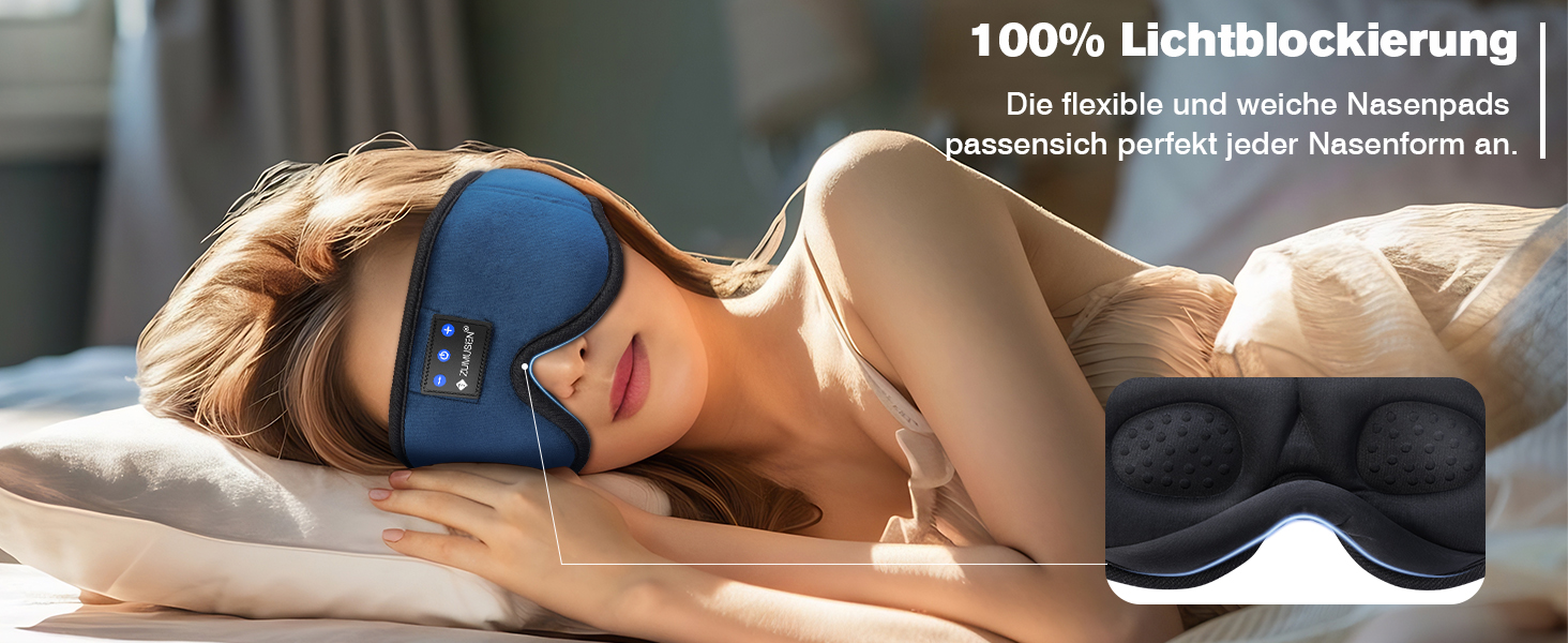 Маска для сну ZUMUSEN з навушниками Bluetooth V5.4, 3D маска для сну, блокує світло, дихаюча, регульована, для відпочинку, медитації, подорожей (Блакитна)