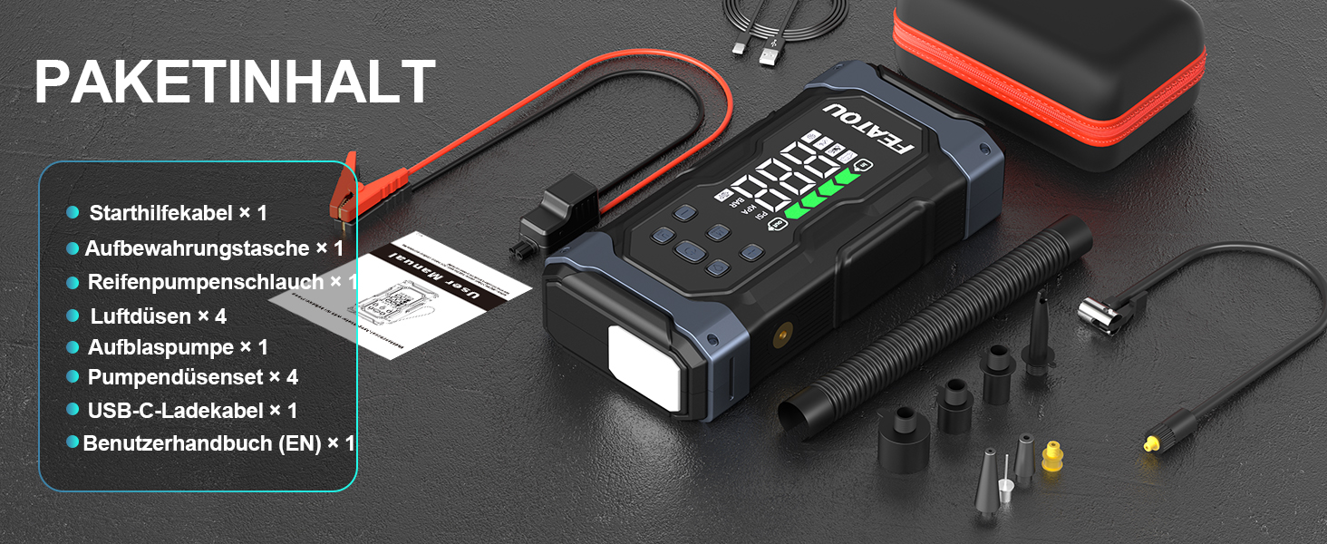 Powerbank для автомобіля Starthilfe 7000A з компресором 150PSI, 12V, до 10L дизеля, QC3.0, LCD, ліхтарик