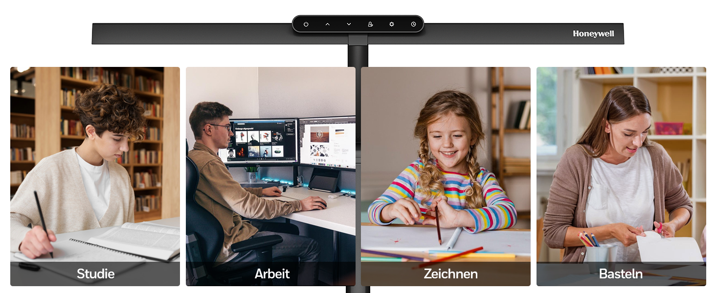 LED лампа для столу Honeywell HJ1 Sunturalux™ - регульована, для офісу та дому, з кріпленням, чорна