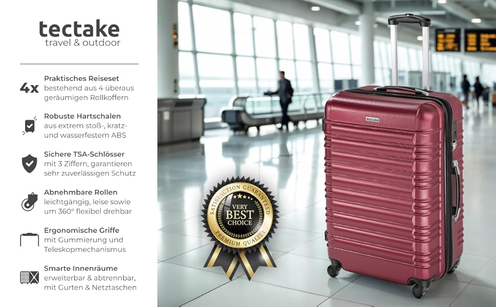 Набір валіз Tectake® 4 шт. з TSA замком, жорсткий корпус, телескопічна ручка, 4 колеса, 360° обертання, зелений (вишневий)