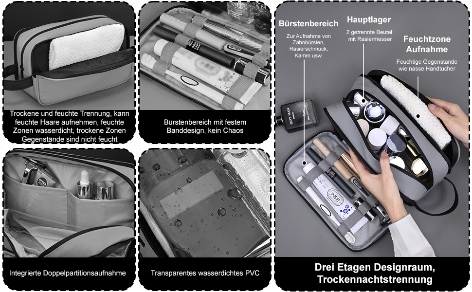 Чоловіча косметичка-органайзер, водонепроникна з PU-шкіри, сіра. Двошарова туалетна сумка для подорожей