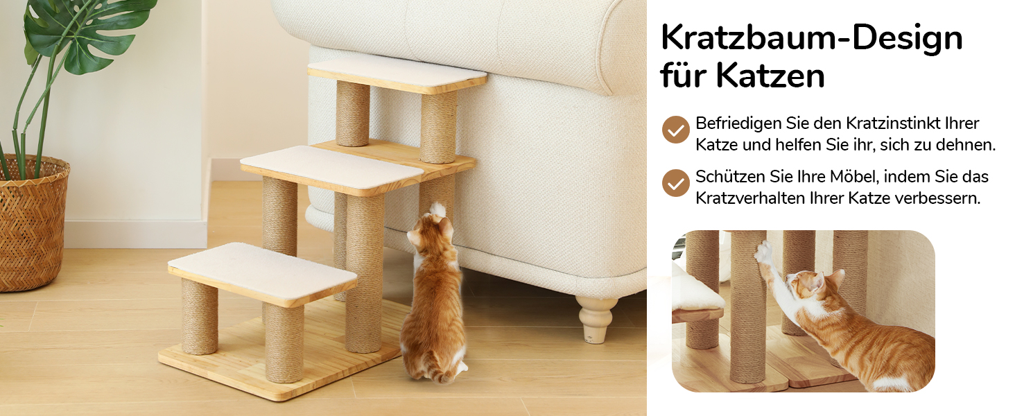 Сходинки для собак FUKUMARU: 3 сходинки з натурального дерева та джуту, регульована висота 18-51 см, витримують до 90 кг, знімний м'який підвішун