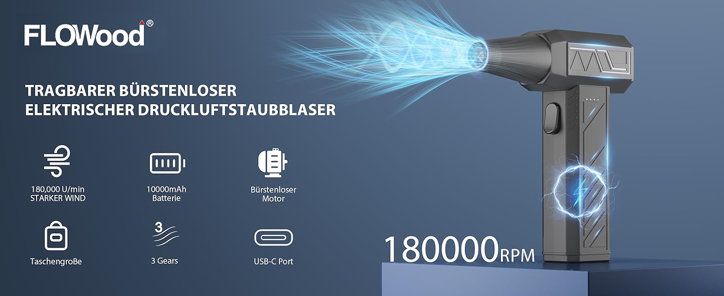 Електричний повітряний пилосос FLOWood W08D-SLIVER: 3 швидкості, 200000 об/хв, акумулятор 10000mAh, USB зарядка, для ПК, авто, дому