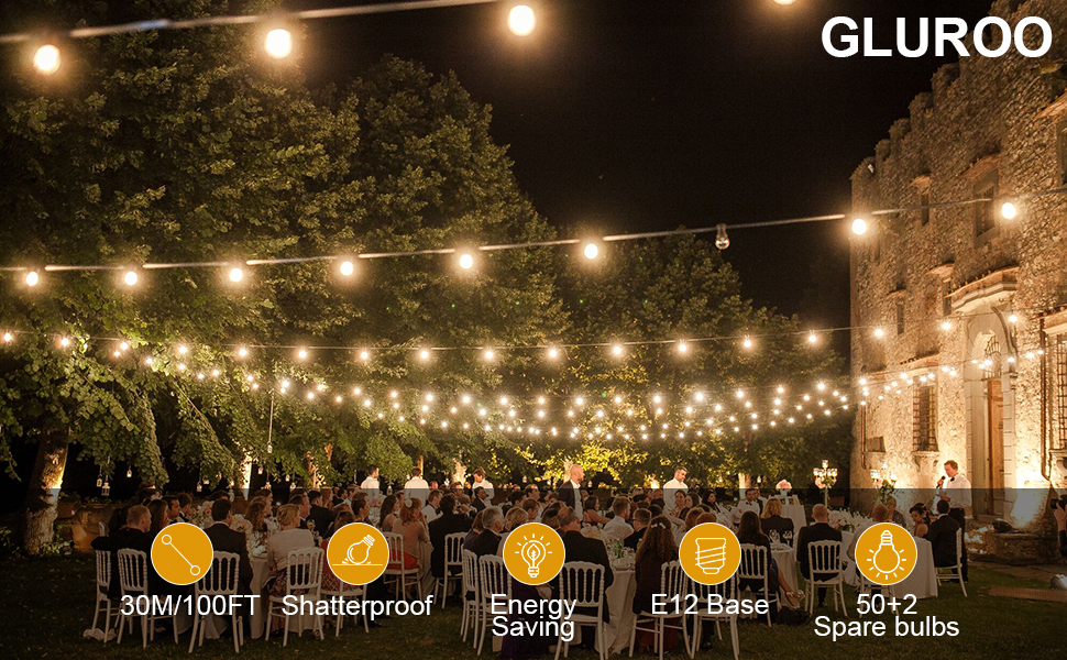 LED гірлянда GLUROO для вулиці, 7.6м, 12+1 лампочки G40, вологостійка, тепле світло, для саду, вечірок