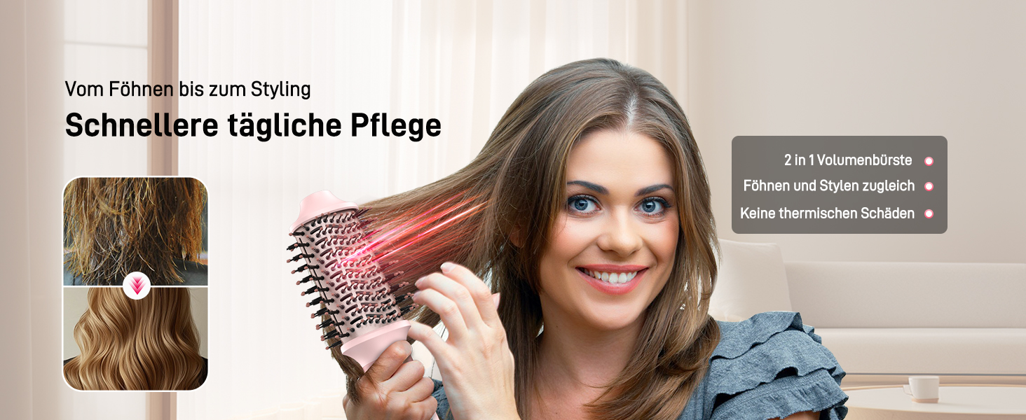 MESCOMB Airstyler 5-в-1: Іонний фен та мультистайлер для волосся з насадками. Швидке сушіння, локони, об'єм, випрямлення. Без пошкодження волосся. З дорожньою сумкою. Рожевий колір