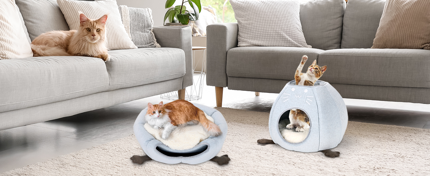 Кішка Будиночок-Печеричка для котів, сірий, 40x40x35 см, з м'якою подушкою Sherpa, M