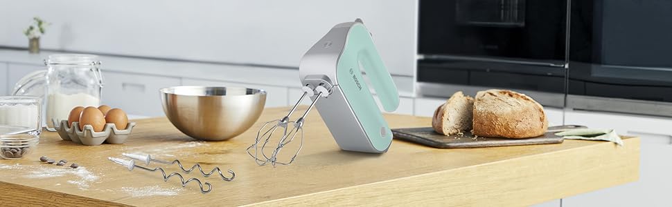 Ручний міксер Bosch MFQ40302 Mint Turquoise/Silber: 500W, 5 швидкостей + Turbo, 2 вінчики, 2 гаки для тіста, нержавіюча сталь, миється в посудомийній машині