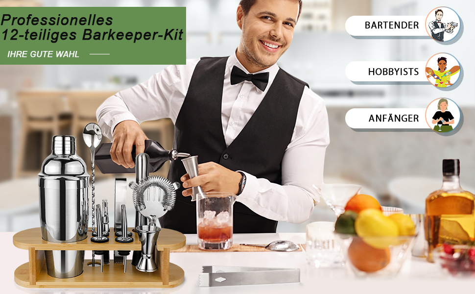 Набір шейкер для коктейлів Barkeeper Set з підставкою, комплект для приготування напоїв з нержавіючої сталі, професійний барний інструмент, барменський набір, подарунок для домашнього бару, для чоловіків, жінок та батьків (сріблястий)