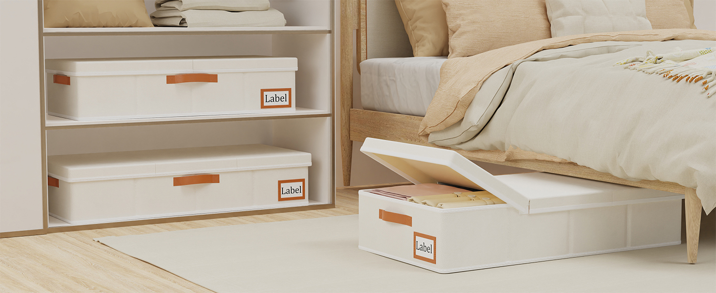 Yawinhe 2 Pack Under Bed Storage Drawers, Clothes Storage with Lid, Foldable Storage Bag with Handles, for Bedding, Blankets, Clothes, 60x30x15cm, Beige