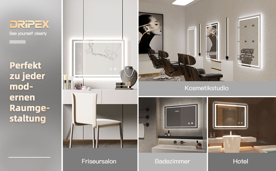 Дзеркало для ванної кімнати Dripex LED з підсвічуванням, сенсорне керування, регулювання яскравості, 3 кольори світла, антизапарник, 50x70 см