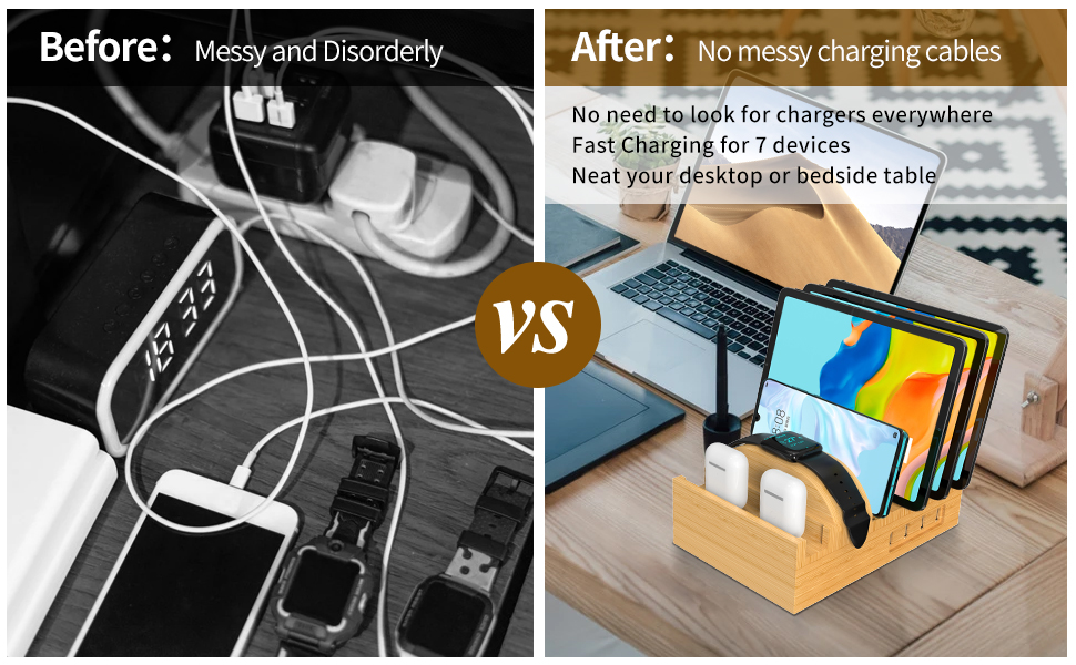 Багатофункціональна заряджна станція 5-в-1 з бездротовою зарядкою, світлом та годинником, бамбук, сумісна з годинниками, AirPods, Samsung Galaxy та іншими пристроями