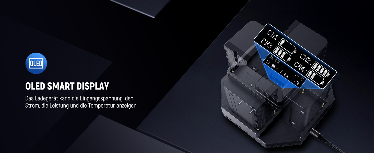 Зарядний пристрій NEEWER NP-F970 з 4 каналами для акумуляторів NP-F550/NP-F750, 100W PD, OLED дисплей, USB-C кабель